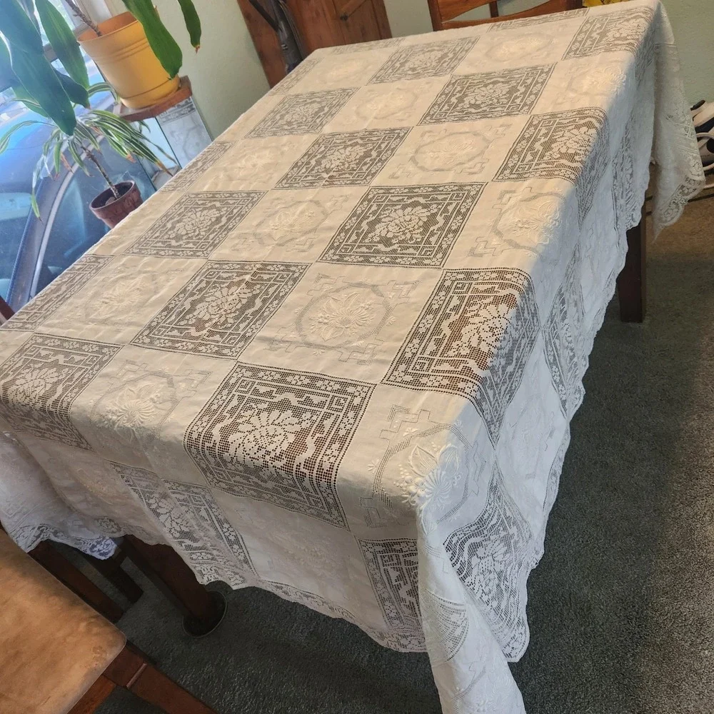 Vtg Filet Lace And Embroidered Panels Patchwork Tablecloth Cottagecore 66 X 88